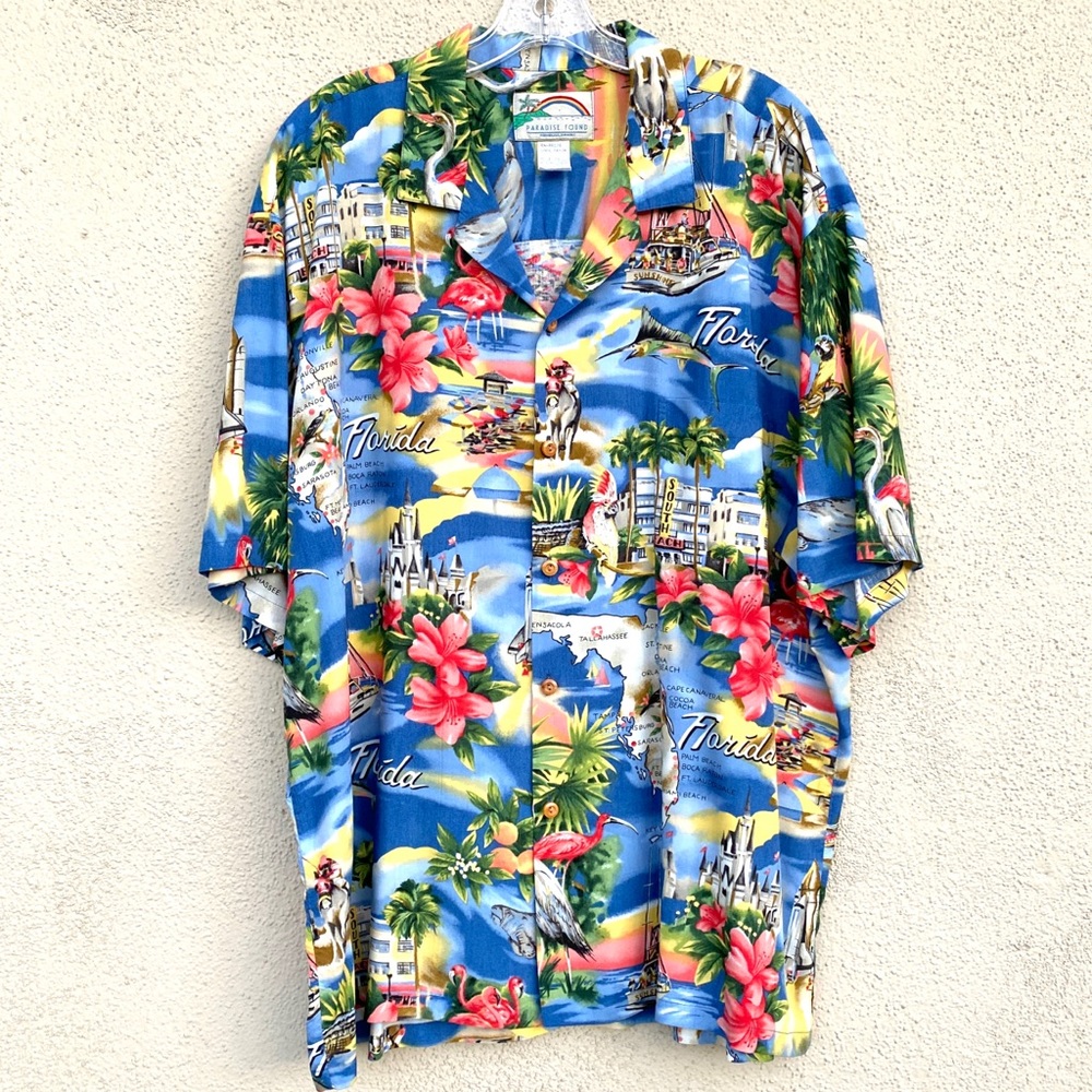 Paradise Found vintage Hawaiian shirt mens FLORIDA print tropical state floral - Picture 1 of 7